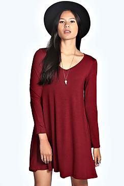 Boohoo V Neck Long Sleeve Swing Dress
