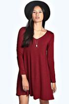 Boohoo V Neck Long Sleeve Swing Dress