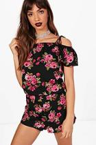 Boohoo Daisy Dark Floral Print Off The Shoulder Playsuit