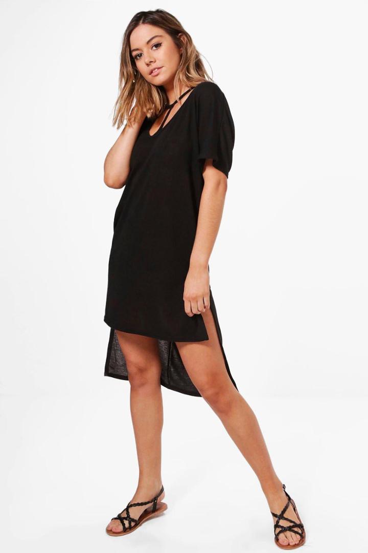 Boohoo Petite Georgie Strap Detail Dip Hem Tunic Dress Black
