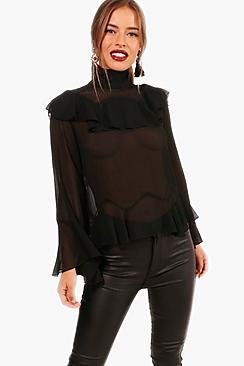 Boohoo Petite Chiffon Ruffle Wide Sleeve Top