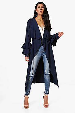 Boohoo Katie Ruffle Sleeve Belted Duster