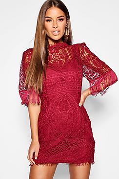 Boohoo Petite Cord Lace Tassel Sleeve Bodycon Dress