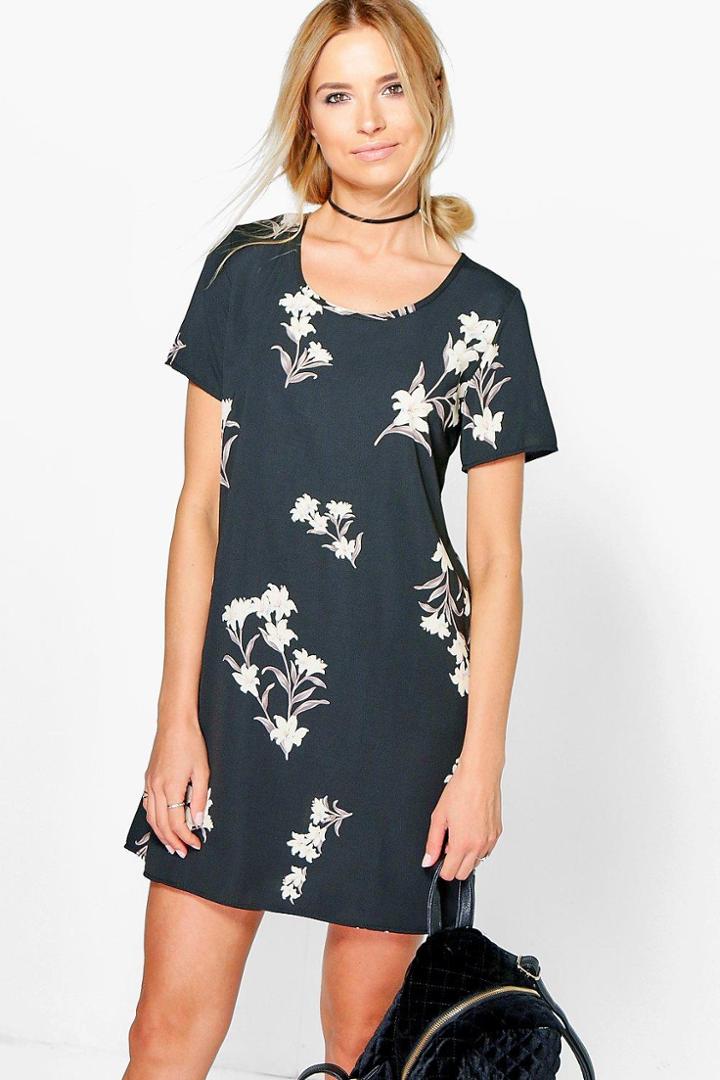 Boohoo Hermia Floral Cap Sleeved Shift Dress Black