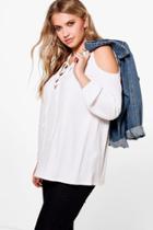 Boohoo Plus Gemma Lace Up Rib Cold Shoulder Knitted Top Cream