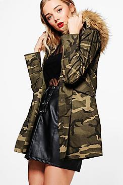 Boohoo Freya Boutique Camo Faux Fur Hood Parka