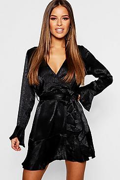 Boohoo Petite Hammered Satin Flare Ruffle Skater Dress