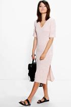 Boohoo Jules V Neck Basic Split Front Midi Dress Nude