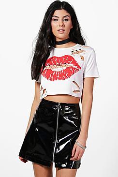 Boohoo Alexia Kiss Print Distressed Safety Pin Crop