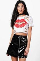 Boohoo Alexia Kiss Print Distressed Safety Pin Crop