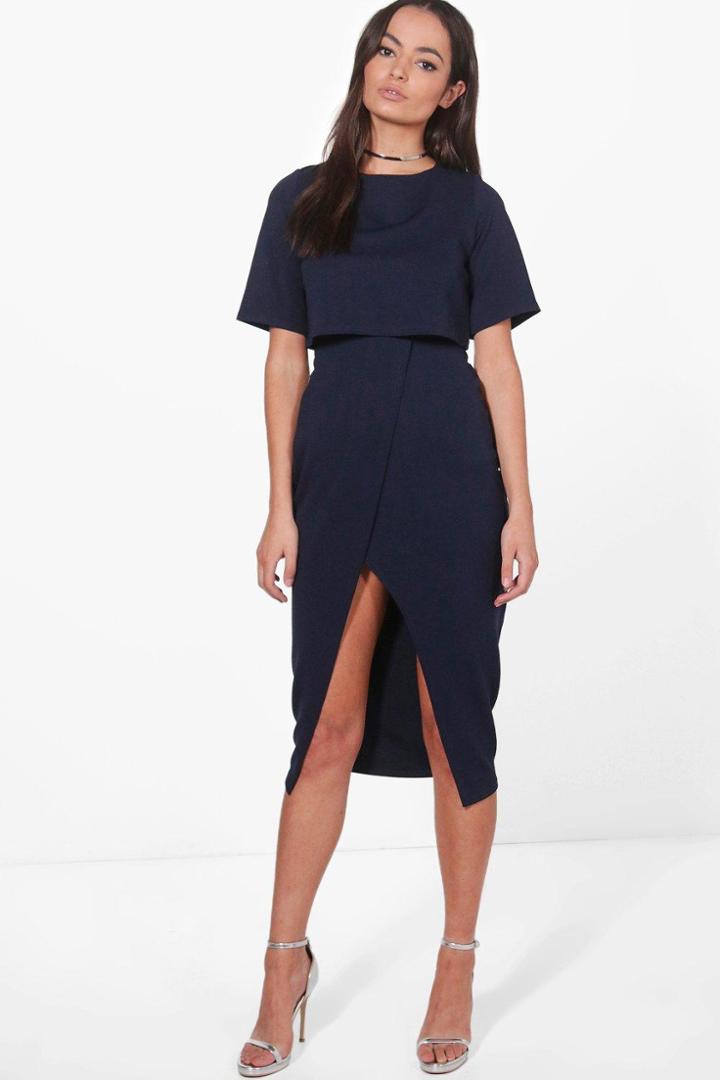 Boohoo Sadiya Layered Wrap Wiggle Midi Dress Navy
