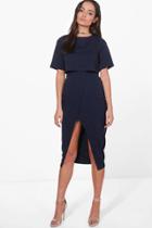 Boohoo Sadiya Layered Wrap Wiggle Midi Dress Navy
