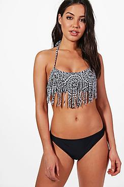 Boohoo Bahamas Tile Print Fringed Contrast Bikini