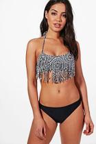 Boohoo Bahamas Tile Print Fringed Contrast Bikini