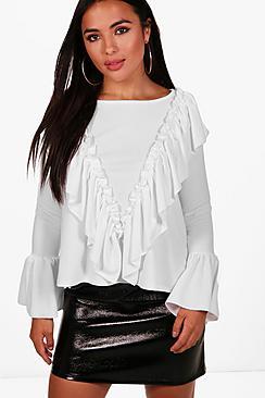 Boohoo Petite Cindy Crepe Ruffle Blouse