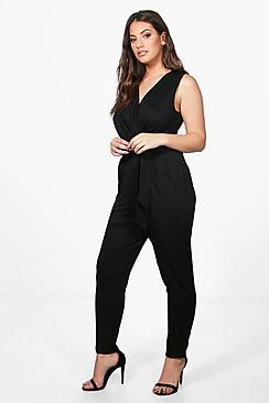 Boohoo Plus Melissa Wrap Front Belted Jumpsuit