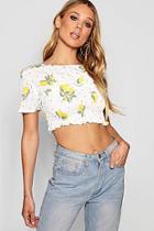 Boohoo Fruit Print Short Sleeve Shirred Crop Top