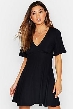 Boohoo Frill Sleeve V Neck Skater Dress