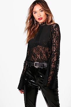 Boohoo Extreme Flare Sleeve Lace High Neck Blouse