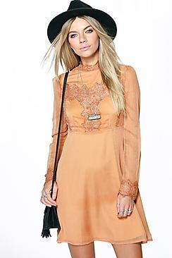 Boohoo Bella Victoriana Lace Trim A Line Skater Dress