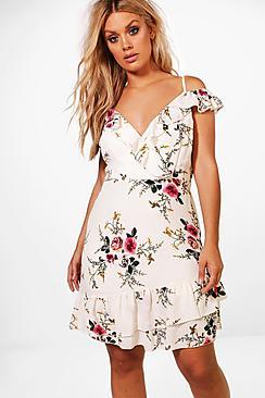 Boohoo Plus Megan Floral Print Cold Shoulder Frill Hem Dress