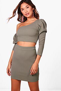 Boohoo Nina One Shoulder Crop And Skirt Set