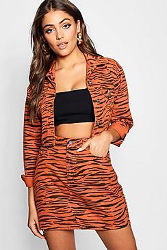 Boohoo Tiger Print Denim Skirt