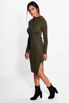 Boohoo Annie Long Sleeve Ribbed Midi Dress Khaki