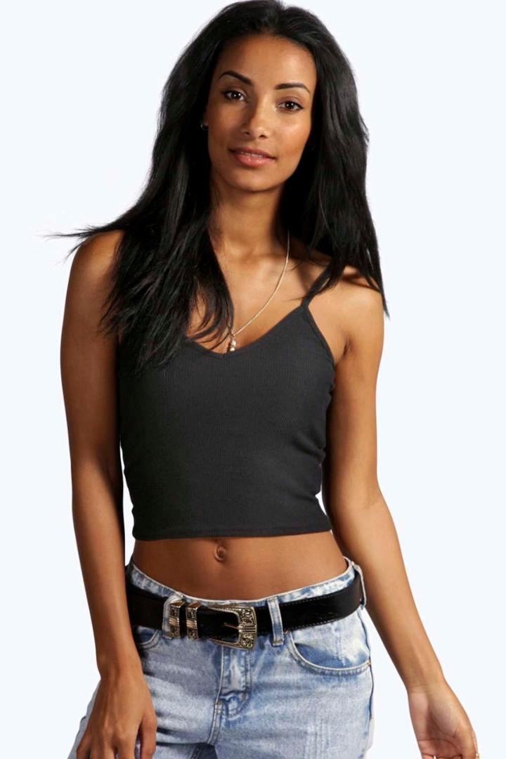 Boohoo Rose High Front Ribbed Crop Top Black