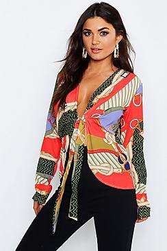 Boohoo Chain Print Tie Front Woven Blouse