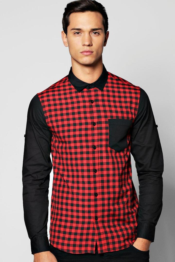 Boohoo Long Sleeve Buffalo Colour Blocked Shirt Red