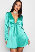 Boohoo Tia Knot Front Luxe Satin Woven Skater Dress