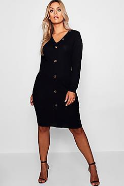 Boohoo Plus Rib Horn Button Long Sleeve Midaxi Dress