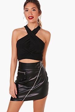 Boohoo Wrap Front High Neck Crop Top