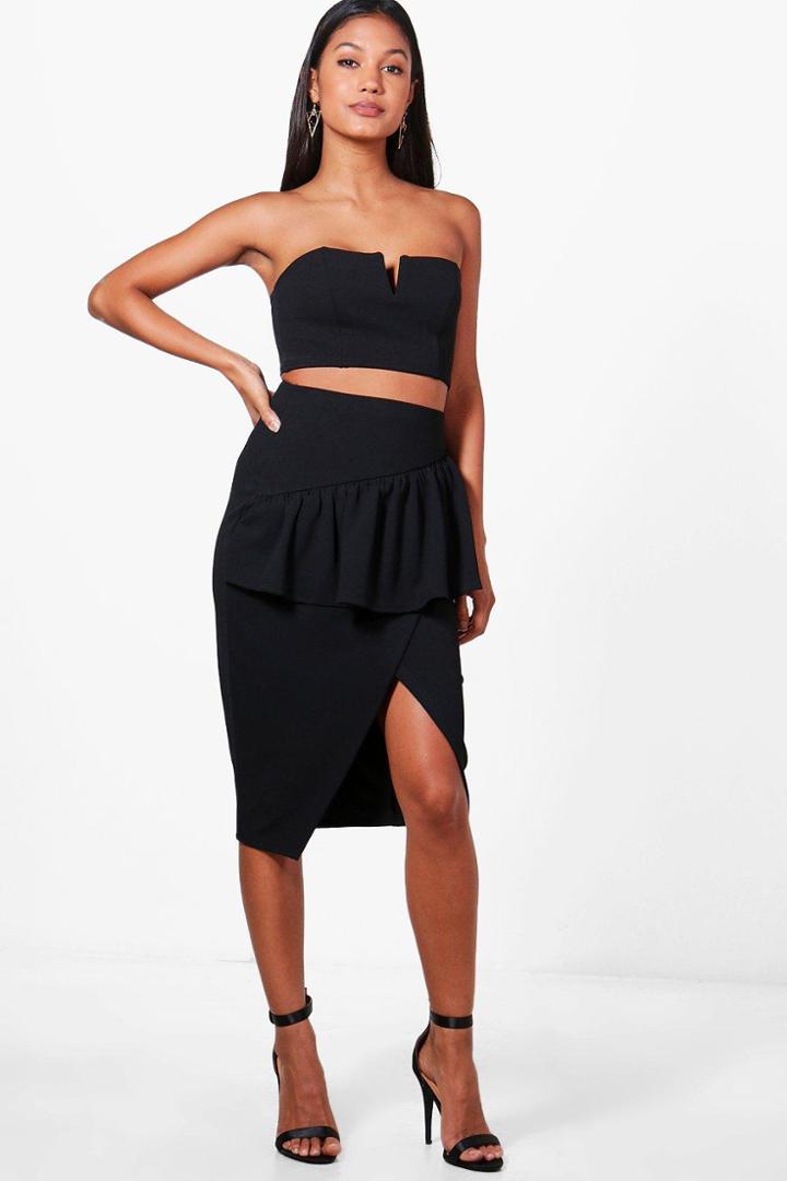 Boohoo Fleur Peplum Front Split Midi Skirt Black