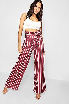 Boohoo Stripe Paperbag Detail Waist Wide Leg Pants