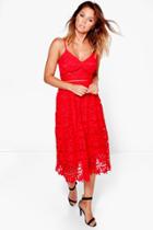 Boohoo Boutique Alix Corded Lace Midi Skater Dress Red
