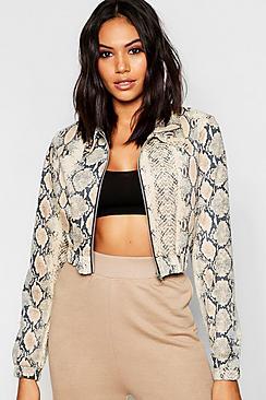 Boohoo Snake Print Suedette Crop Trucker Jacket