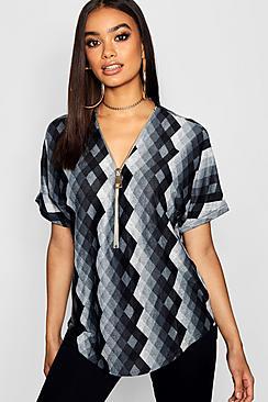 Boohoo Zip Geo Print Top