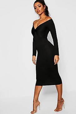 Boohoo Ribbed Off The Shoulder Twist Midi Dress