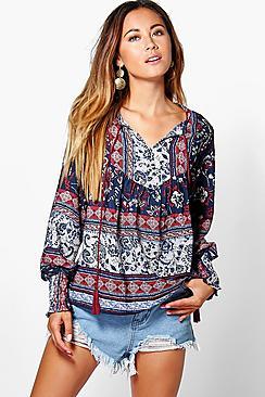 Boohoo Kayla Tassel Printed Tunic Top