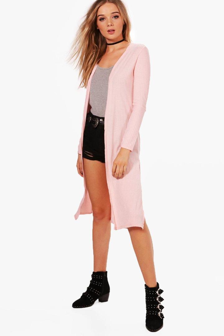 Boohoo Emily Rib Knit Side Split Maxi Cardigan Blush