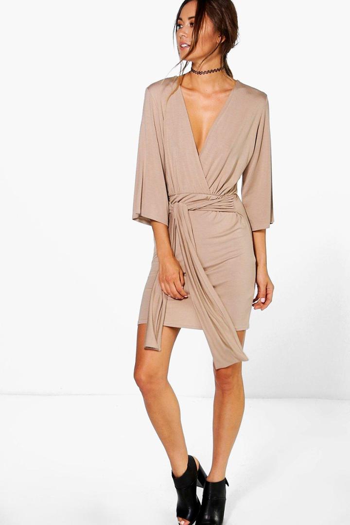 Boohoo Carmel Wrap Front Plunge Neck Dress Tan