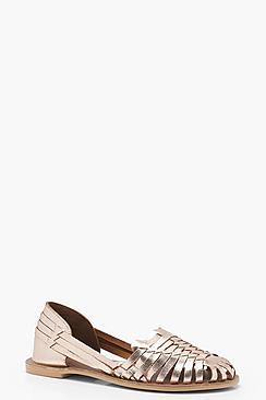 Boohoo Keira Wide Fit Metallic Leather Woven Ballets
