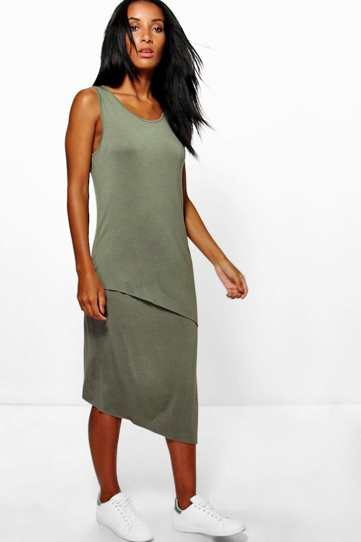 Boohoo Maria Wrap Front Sleeveless Midi Dress Khaki