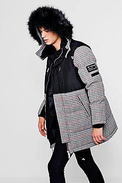 Boohoo Check Contrast Puffer With Faux Fur Hood