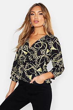 Boohoo Woven Wrap Chain Tassel Peplum Blouse