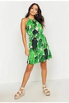 Boohoo Palm Print Waisted Skater Dress
