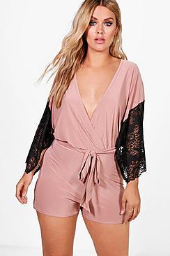 Boohoo Plus Lace Wrap Slinky Playsuit