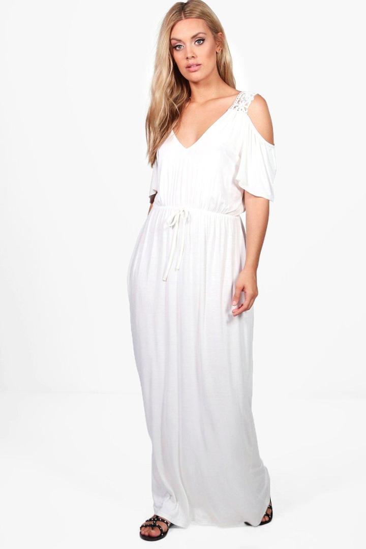Boohoo Plus Amy Crochet Lace Open Shoulder Maxi Dress Ivory